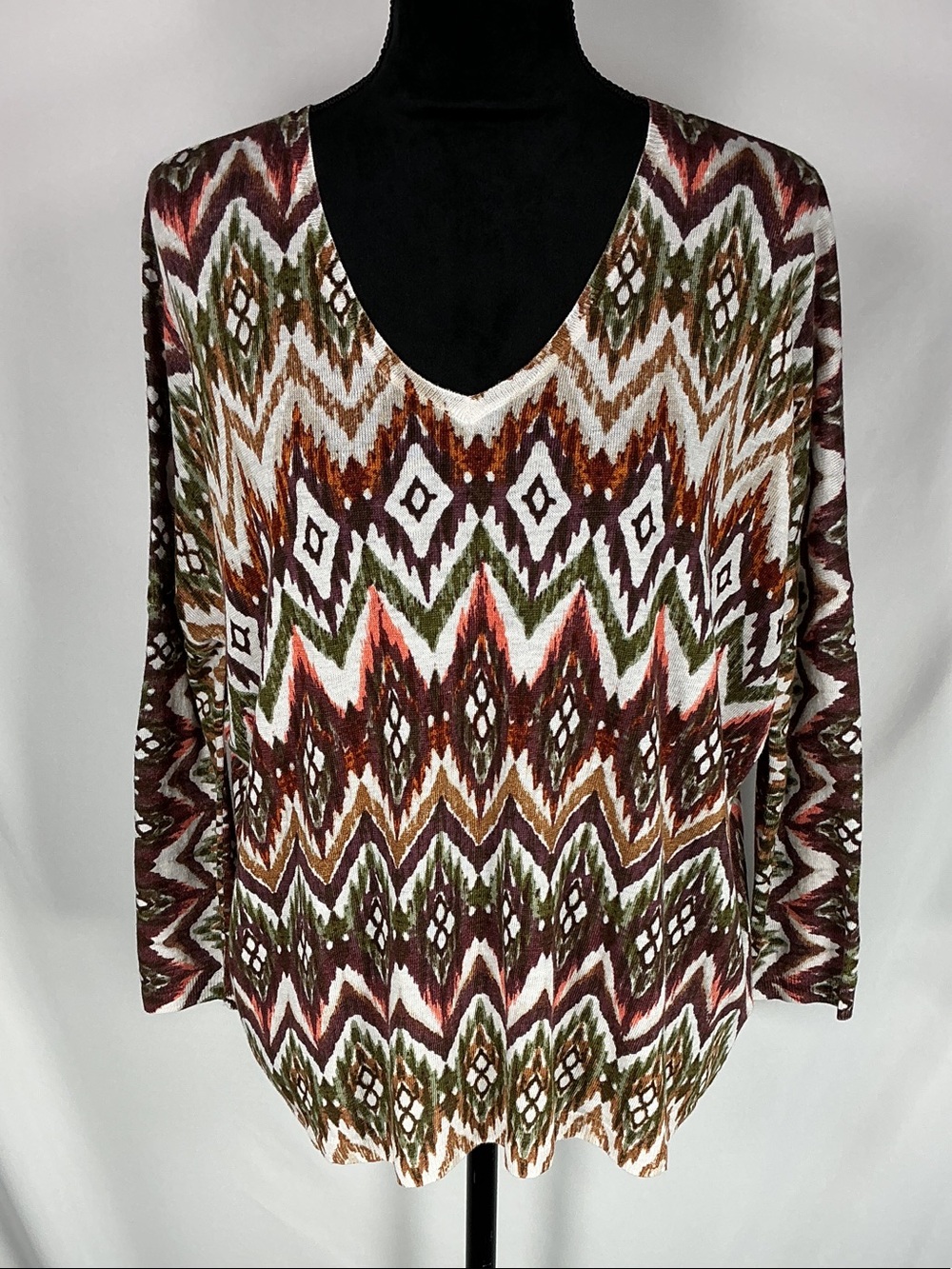 Notshy NWT Ikat Chevron V-Neck Knit Sweater XS/S Brown Olive Pullover LongSleeve